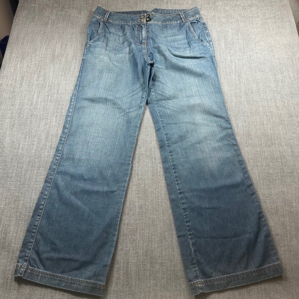 Boden Wide Leg Jeans Womens 14R Blue Good Denim Double Button Retro Boho Flare